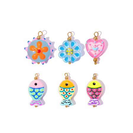 Pendentifs femme romantiques à faire soi-même, motif fleur, cœur et poisson, finition dorée.