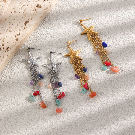 Boucles d'oreilles pendantes pour femme, collection romantique, motif étoile de mer et pompon, en acier inoxydable étanche, couleur or.