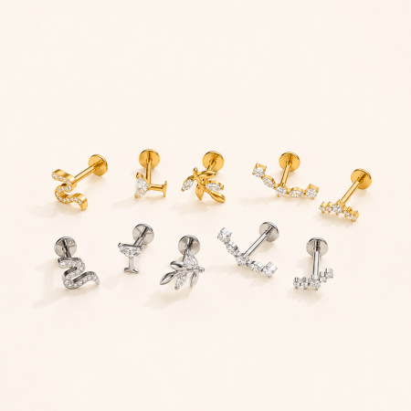 Boucles d'oreilles piercing pour femme, modèle Simple Series Leaf Snake, en alliage de titane doré et zircon.