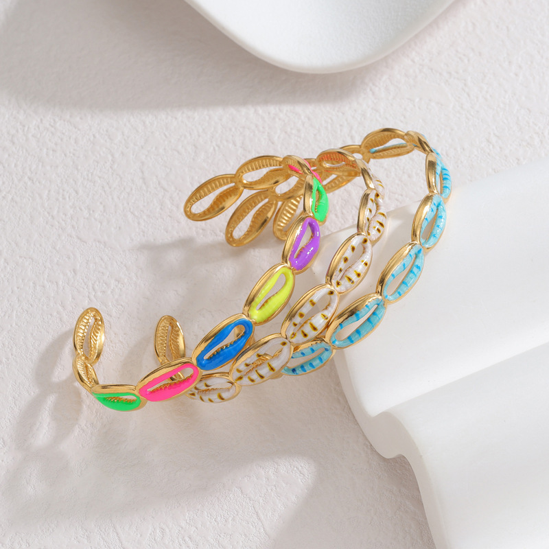Bracelets Manchettes Pour Femmes En Acier Inoxydable Émaillé, Couleur Or, Style Vacances Océaniques Et Coquillages Image2
