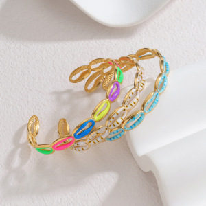 Bracelets Manchettes Pour Femmes En Acier Inoxydable Émaillé, Couleur Or, Style Vacances Océaniques Et Coquillages h5 Image2