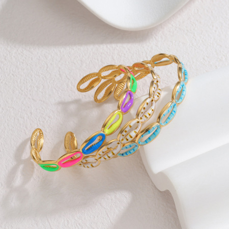 Bracelets manchettes pour femmes en acier inoxydable émaillé, couleur or, style vacances océaniques et coquillages 2