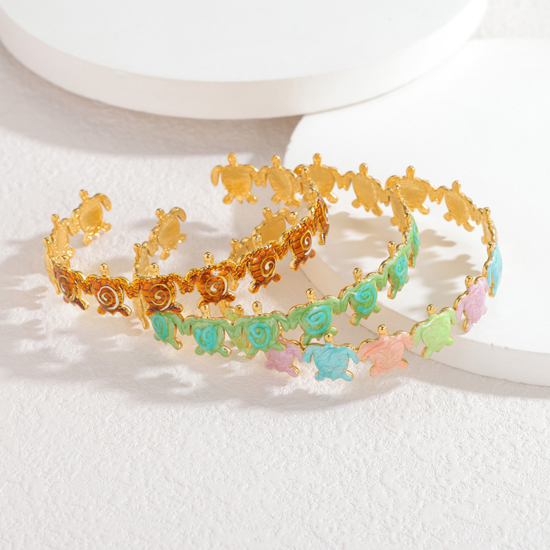 Bracelets Manchettes Pour Femmes En Acier Inoxydable Émaillé, Couleur Or, Style Vacances Océaniques Image2