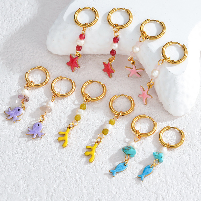 Boucles D'Oreilles Pendantes Pour Femmes, Style Océanique, En Acier Inoxydable Étanche Image2