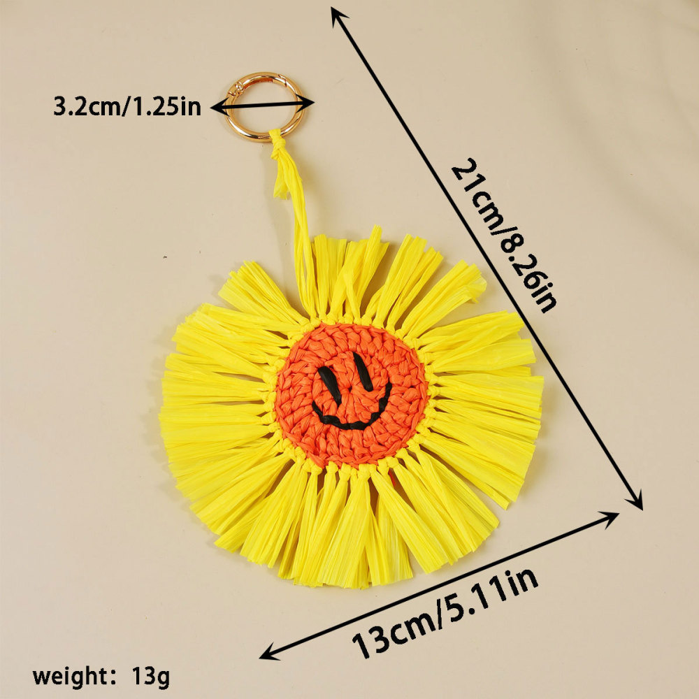 Collection Ethnique Vacances Fleur Soleil Style Océanique Pompon Visage Souriant Fraise Étoile De Mer Tissée Breloques De Sac En Raphia Image2