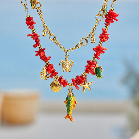 Ensembles de colliers pour femmes en acier inoxydable doré, style océanique, corail, étanches, motif vacances