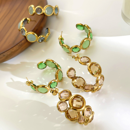 Boucles d'oreilles créoles pour femmes, collection Luxueuse, simple et élégante, en acier inoxydable étanche et pierre naturelle.