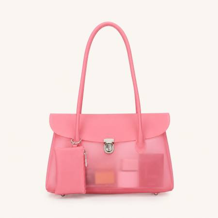 Sac à main femme style décontracté avec poignées en PVC transparent uni et détails métalliques.
