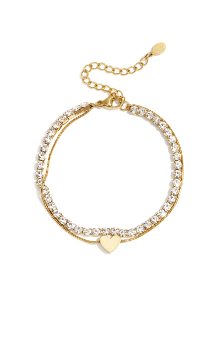Bracelet double orné d'un cœur minimaliste et de pierres de zircone