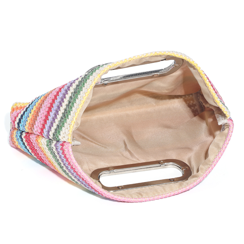 Sac Carré Pour Femme En Raphia Tissé À Rayures Multicolores, Style Décontracté h5Image5