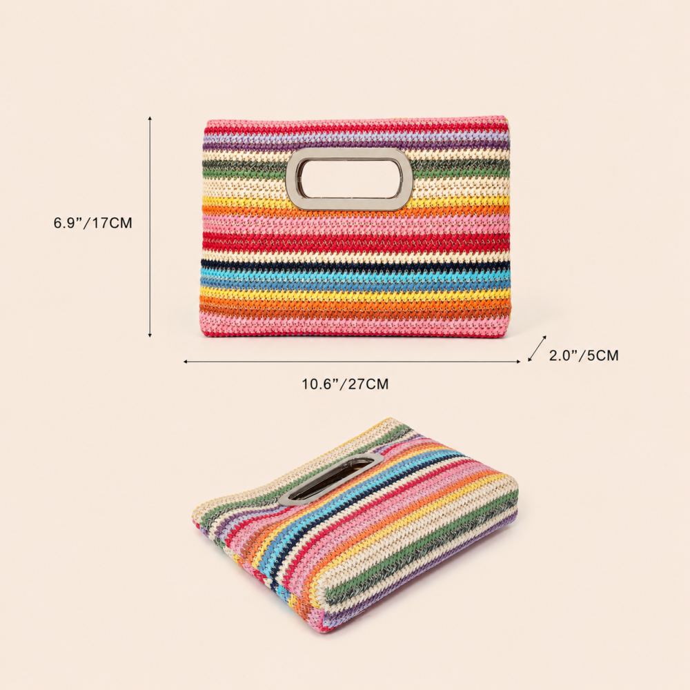 Sac Carré Pour Femme En Raphia Tissé À Rayures Multicolores, Style Décontracté h5Image6