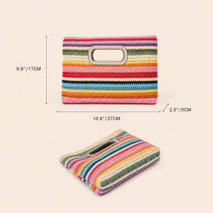Sac Carré Pour Femme En Raphia Tissé À Rayures Multicolores, Style Décontracté h5 Image6
