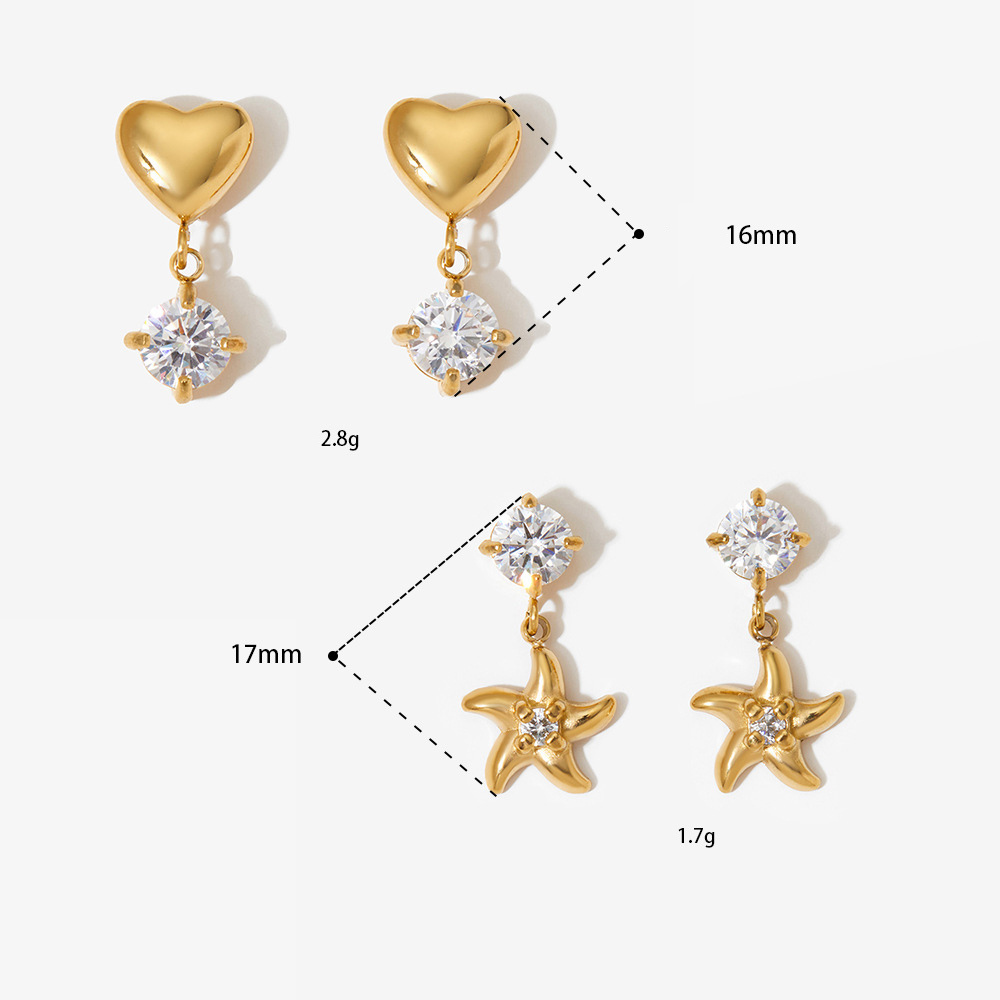 Boucles D'Oreilles Pendantes Pour Femme, En Acier Inoxydable, Imperméables, Couleur Or, Avec Zircon Et Motif Cœur Et Étoile. Image4