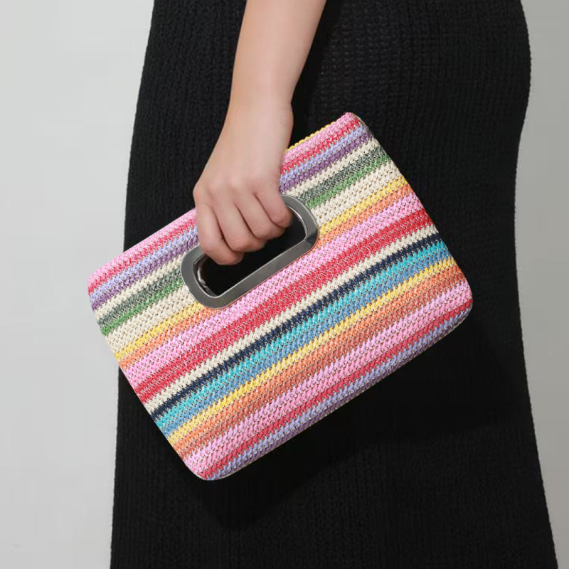 Sac Carré Pour Femme En Raphia Tissé À Rayures Multicolores, Style Décontracté h5Image2