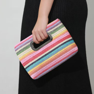 Sac Carré Pour Femme En Raphia Tissé À Rayures Multicolores, Style Décontracté h5 Image2