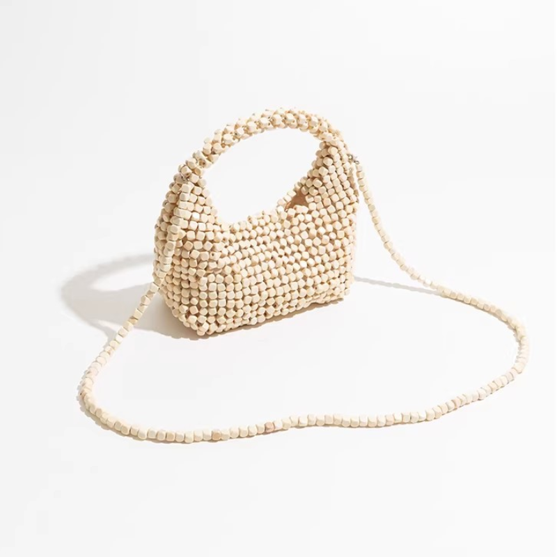 Sac À Oreiller Pour Femme En Bois Tressé Ajouré, Orné De Perles Unies De Style Ancien. h5Image5