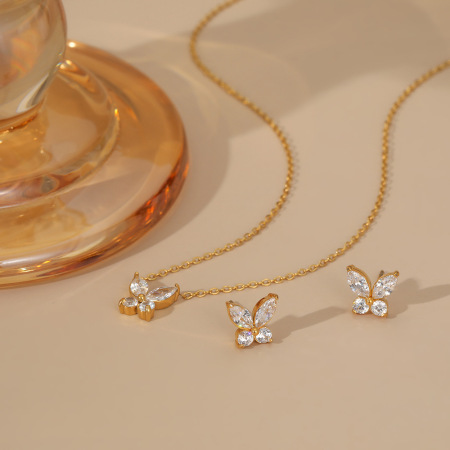 Ensembles de colliers pour femmes Simple Series Butterfly en acier inoxydable, étanches, couleur or et zircon. 2