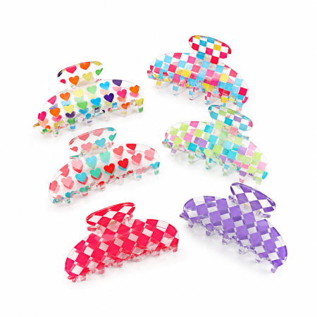 Pinces à cheveux acryliques à carreaux motif cœur et fleurs romantiques, couleurs assorties