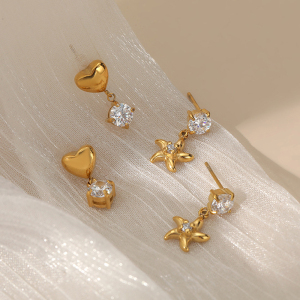Boucles D'Oreilles Pendantes Pour Femme, En Acier Inoxydable, Imperméables, Couleur Or, Avec Zircon Et Motif Cœur Et Étoile. h5 Image2