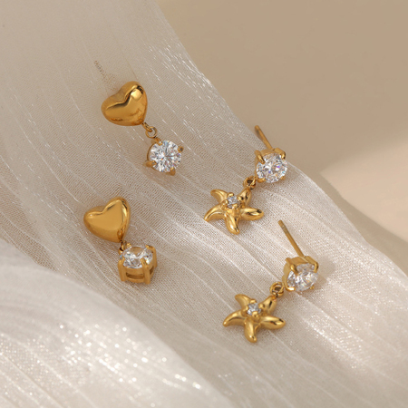 Boucles d'oreilles pendantes pour femme, en acier inoxydable, imperméables, couleur or, avec zircon et motif cœur et étoile. 2