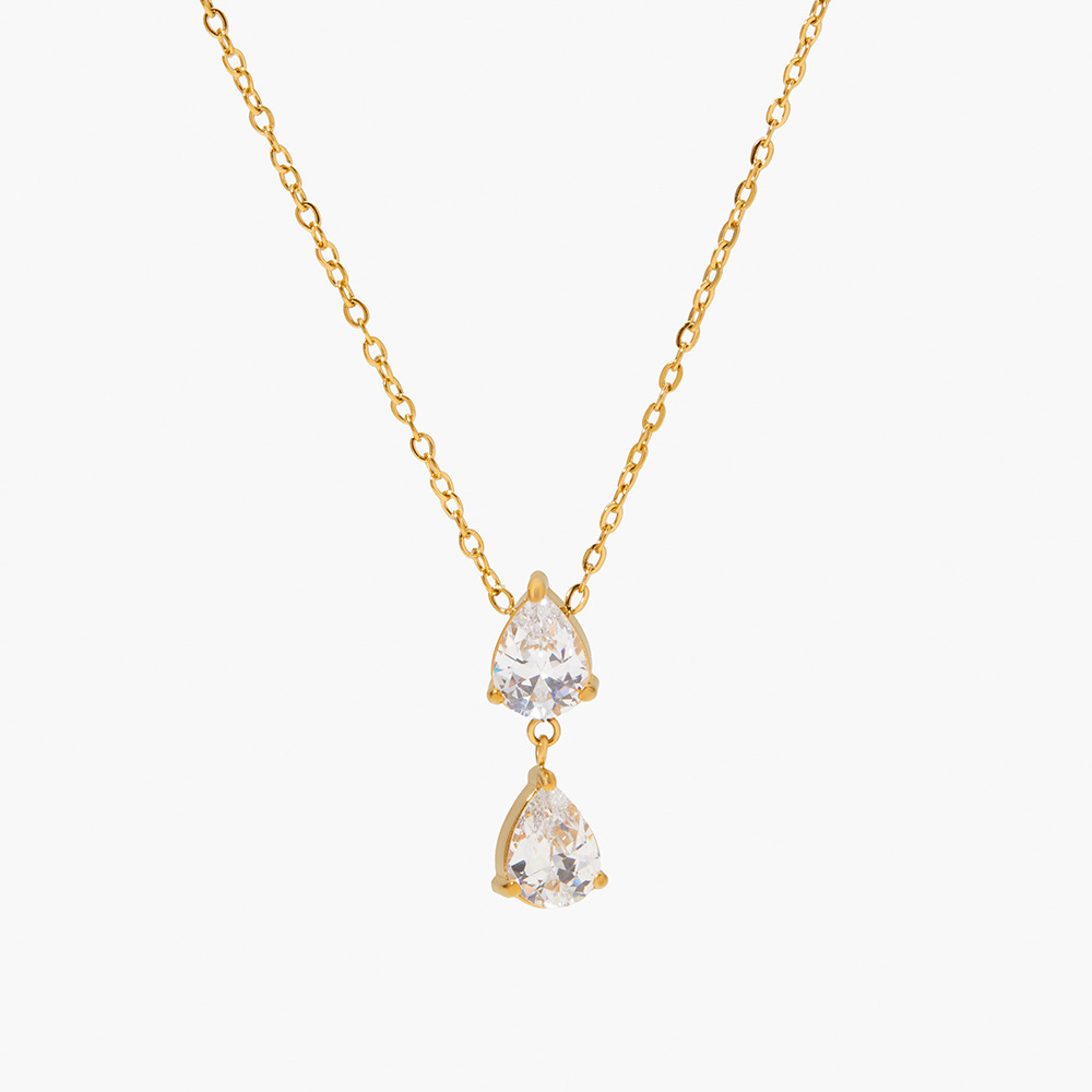 Colliers Pendentifs Pour Femmes En Acier Inoxydable Étanche Couleur Or Avec Zircon, Collection Simple Droplet 