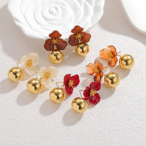 Boucles D'Oreilles Pendantes Pour Femme, Collection Romantique, Motif Floral Doux, En Acrylique Doré. h5 Image2