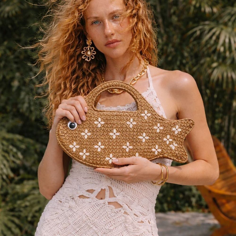 Sac À Main Pour Femme, Style Décontracté, Tissé À Fleurs, Style Océanique, Tissé À Poissons, Style Est-Ouest h5Image5
