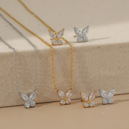 Ensembles de colliers pour femmes Simple Series Butterfly en acier inoxydable, étanches, couleur or et zircon.