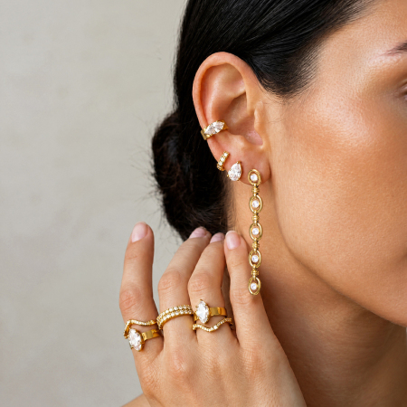Boucles d'oreilles puces élégantes pour femmes, en acier inoxydable imperméable, couleur or, forme irrégulière, patchwork, zircon.