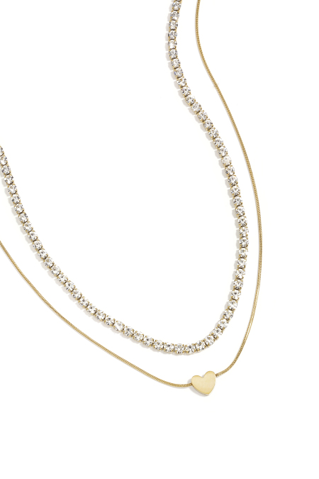 Double chaîne ornée d'un cœur minimaliste et d'un zircon cubique