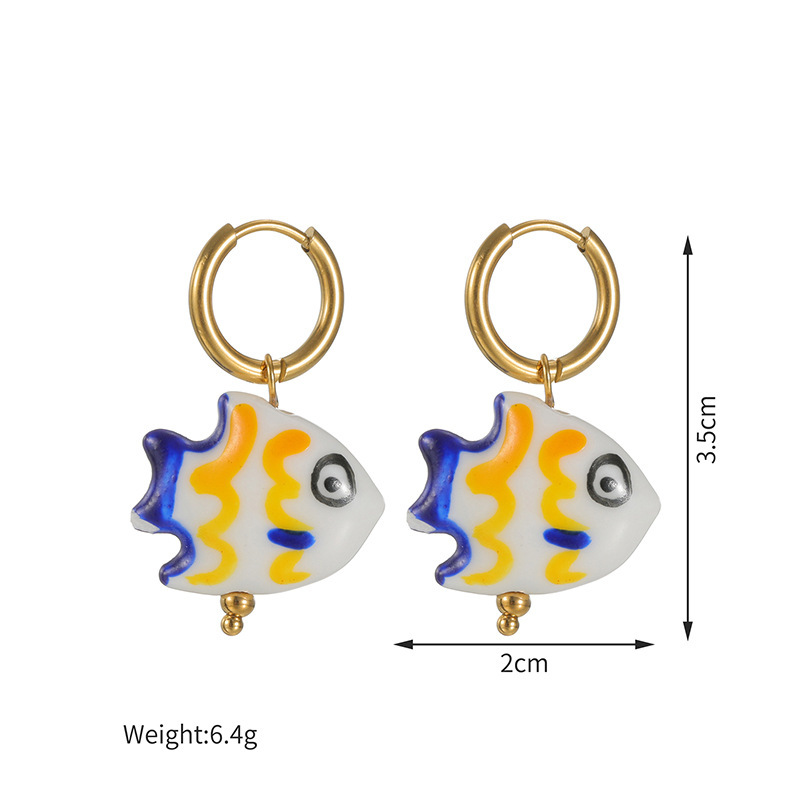 Boucles D'Oreilles Pendantes Pour Femmes En Céramique, Motif Poisson, Style Vacances Océaniques Image3