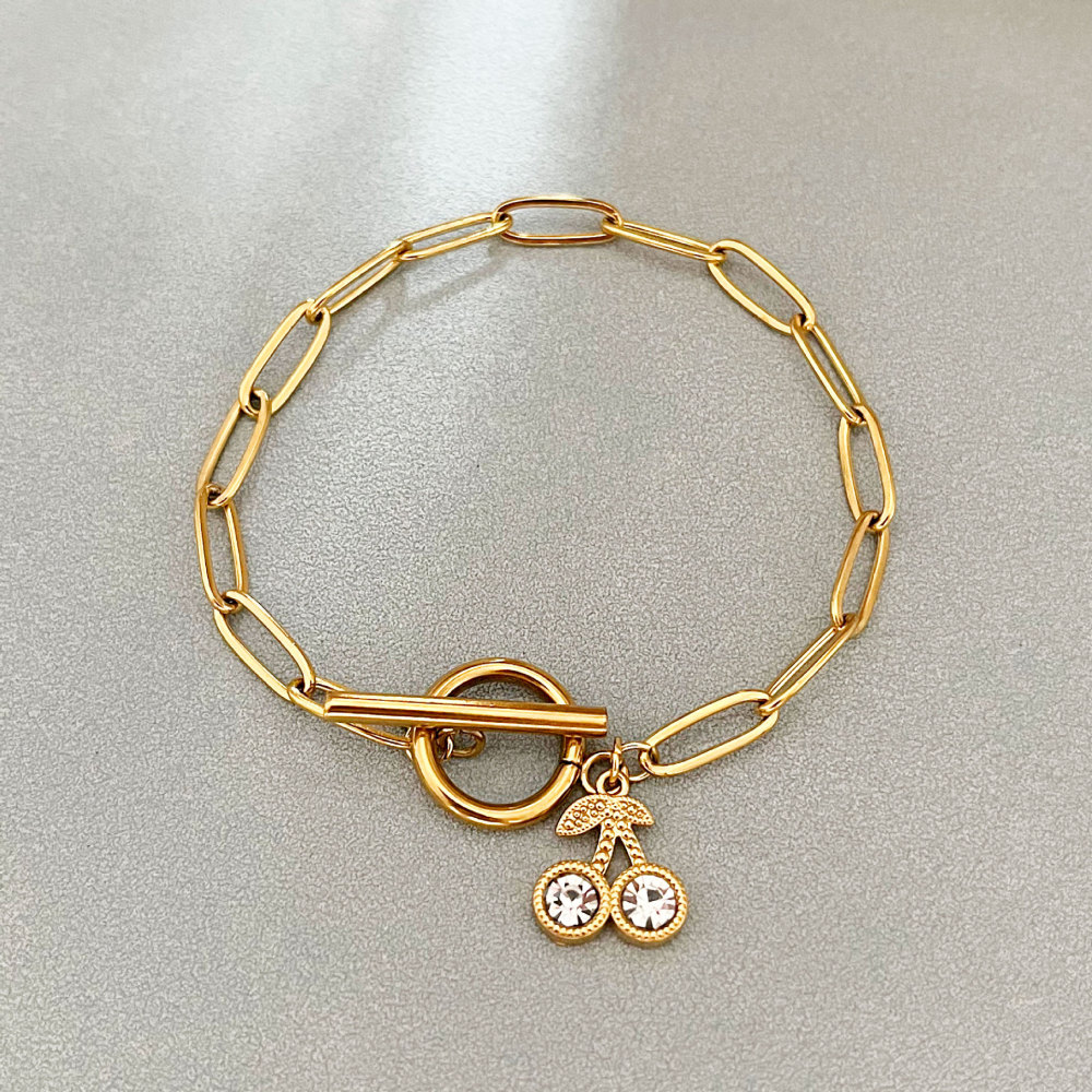Bracelets À Breloques Pour Femmes En Acier Inoxydable Doré, Étanches, Avec Strass Et Cerises Douces 