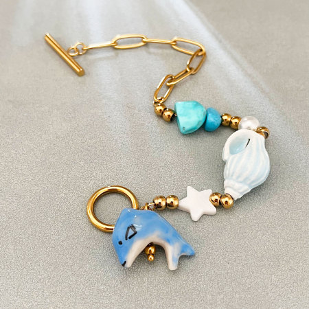 Bracelets à breloques pour femmes, style océanique, en céramique, avec poissons, en acier inoxydable, étanches, couleur or 2