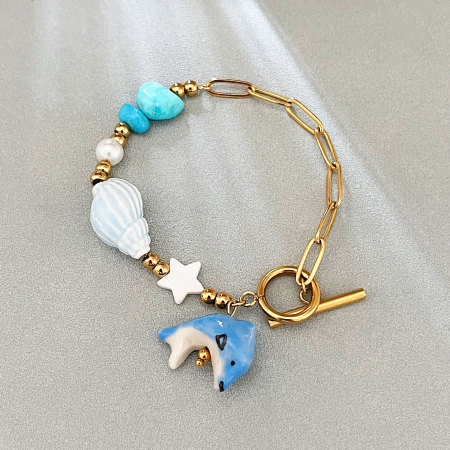 Bracelets à breloques pour femmes, style océanique, en céramique, avec poissons, en acier inoxydable, étanches, couleur or