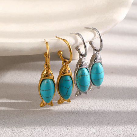 Boucles d'oreilles pendantes pour femme, style rétro, en acier inoxydable, couleur or, avec pierre naturelle, style poisson, série simple.