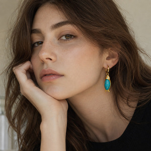 Boucles D'Oreilles Pendantes Pour Femme, Style Rétro, En Acier Inoxydable, Couleur Or, Avec Pierre Naturelle, Style Poisson, Série Simple. h5 Image2