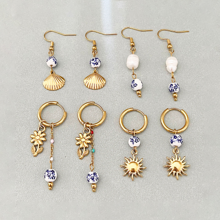 Boucles d'oreilles pendantes pour femme, style océanique, en acier inoxydable étanche, couleur or, collection ethnique