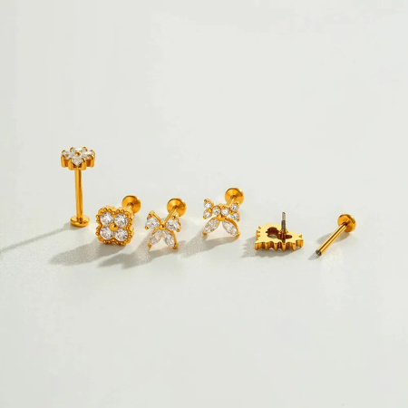 Boucles d'oreilles piercing femme, motif fleur, cœur, nœud papillon et étoile, en acier inoxydable étanche, couleur or, zircon.