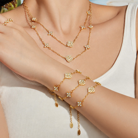 Colliers à maillons pour femmes, collection Luxueuse et Élégante, en acier inoxydable, couleur or, avec zircon et monture imperméable.