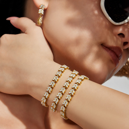 Ensembles de bijoux pour femmes de la série Luxueuse Elegant Leaf en acier inoxydable étanche couleur or et zircon