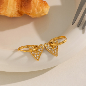 Boucles D'Oreilles Pendantes Pour Femme En Acier Inoxydable Doré, En Forme De Cœur, Étanches Et Ornées De Strass. h5 Image4