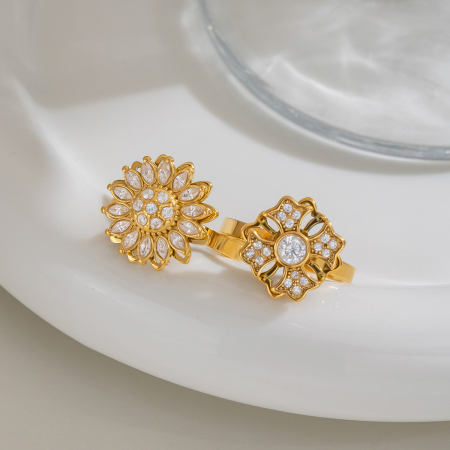 Bagues de luxe en acier inoxydable doré avec pierre précieuse zircon, collection Fleur 2