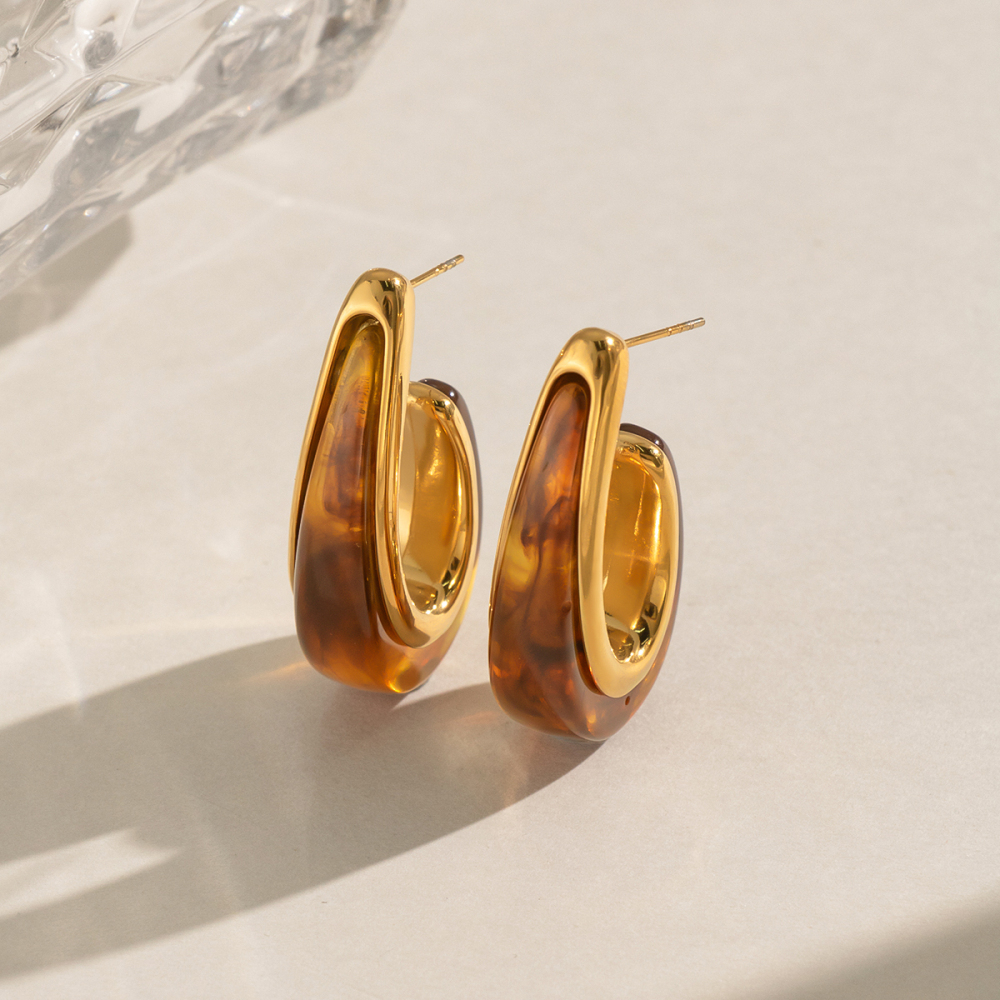 Boucles D'Oreilles Puces Pour Femmes En Résine Dorée En Forme De C Image3