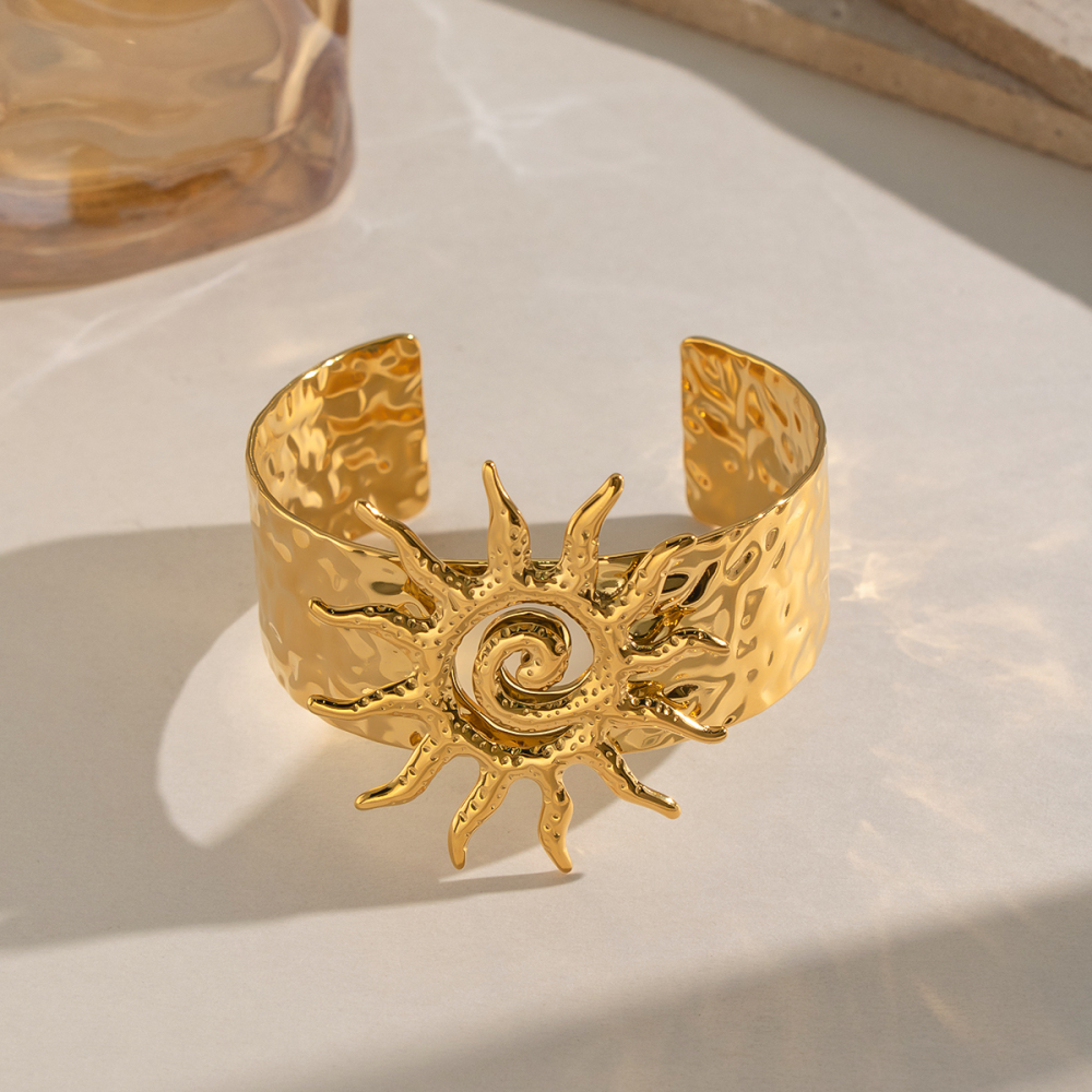 Bracelets Manchettes Pour Femmes En Acier Inoxydable, Étanches, En Forme De Soleil, Couleur Or Image4