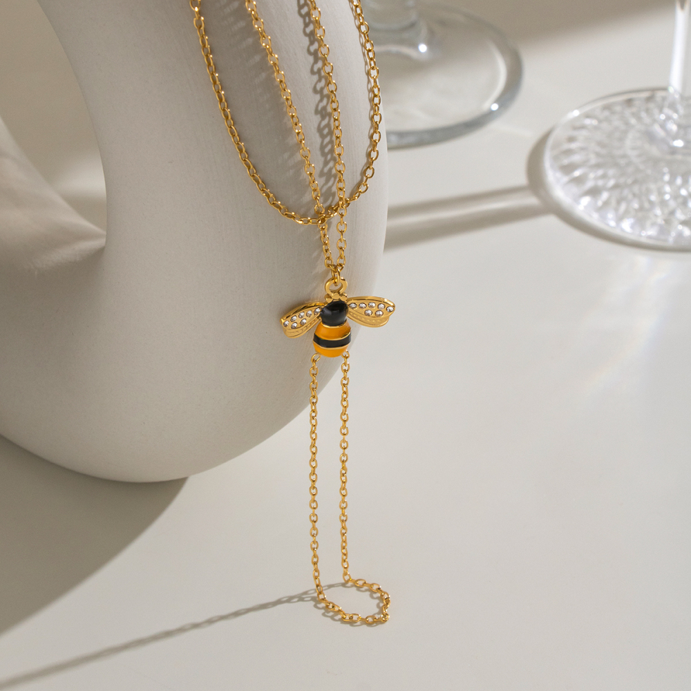 Chaîne De Poignet Pour Femme En Acier Inoxydable Émaillé En Forme D'Abeille, Couleur Or, Ornée De Strass. Image3