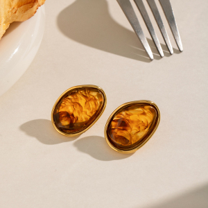 Boucles D'Oreilles Puces Pour Femmes En Résine Dorée, Forme Elliptique h5 Image4