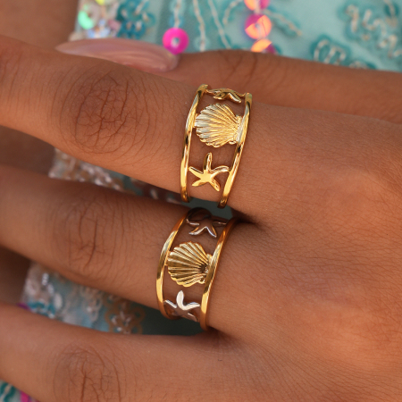 Bague design Simple Series Daily Shell Starfish en acier inoxydable étanche couleur or 2