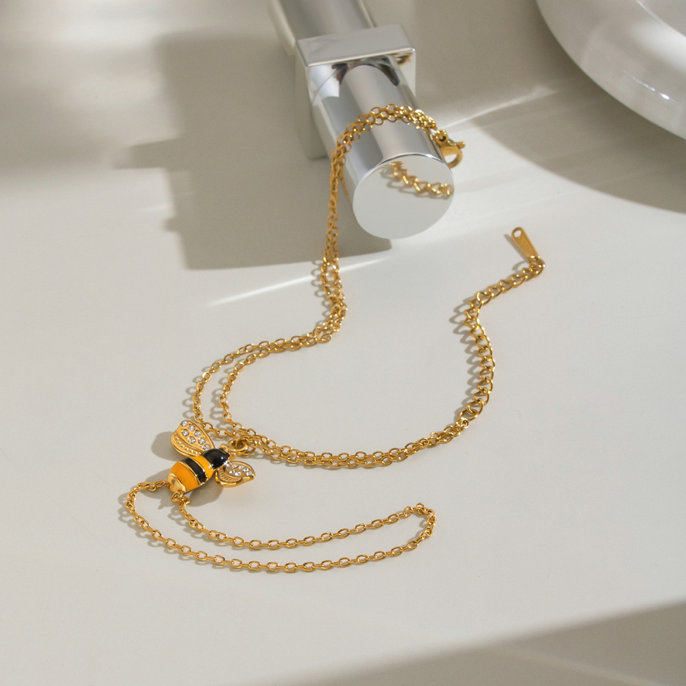 Chaîne De Poignet Pour Femme En Acier Inoxydable Émaillé En Forme D'Abeille, Couleur Or, Ornée De Strass. Image4