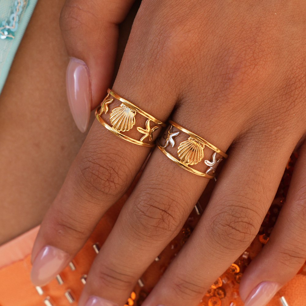 Bague Design Simple Series Daily Shell Starfish En Acier Inoxydable Étanche Couleur Or Image5