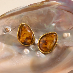 Boucles D'Oreilles Puces Pour Femmes En Résine Dorée, Forme Elliptique h5 Image3